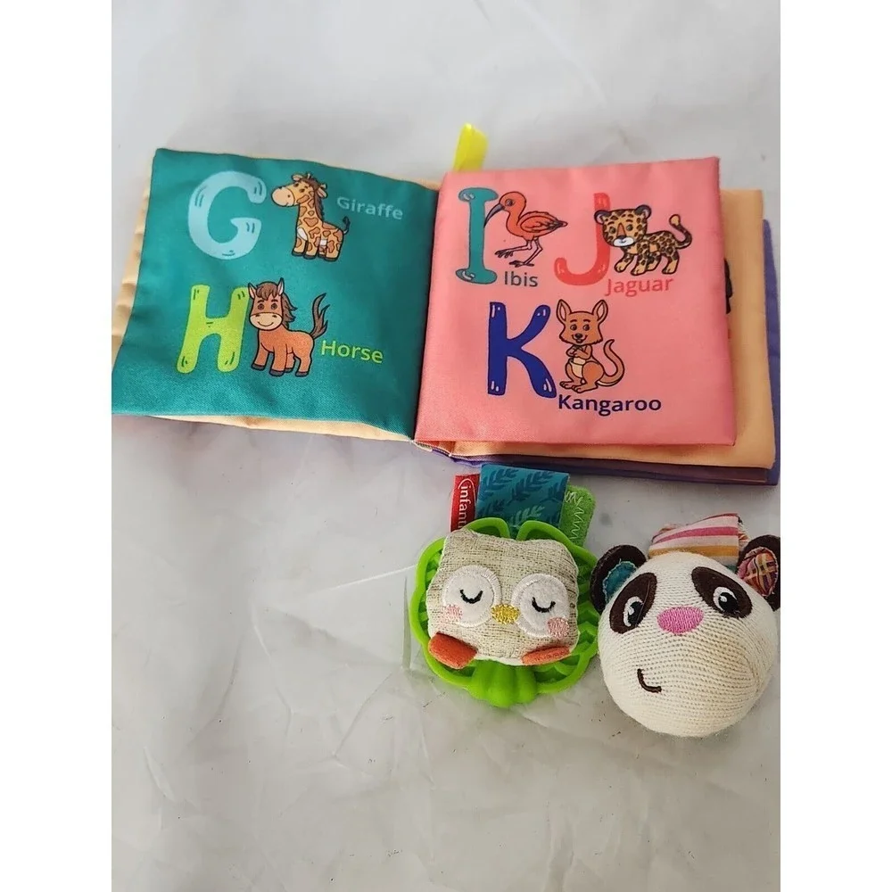 Infant Toy lot Of 3 Infantino Wrist rattle Owl Panda Knit soft ABC book crinkles